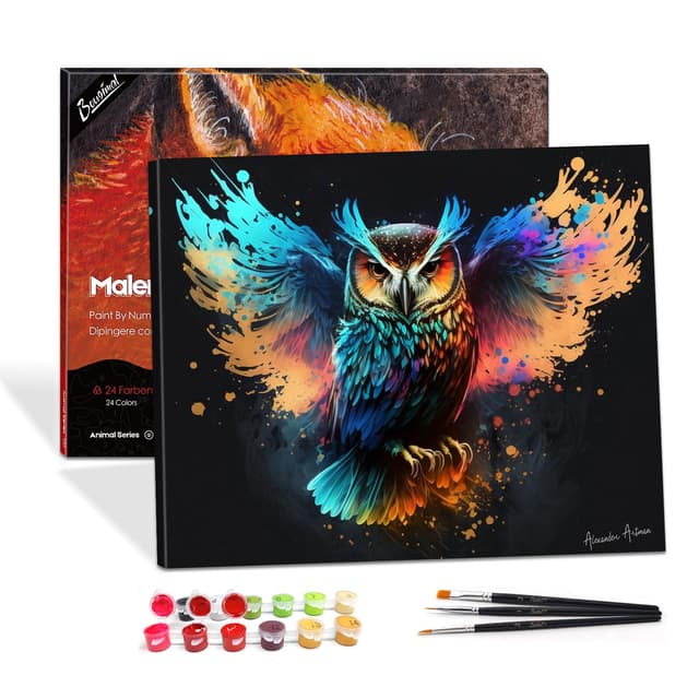 🎨🦉 Bougimal Malen Nach Zahlen, DIY Handgemalt Ölgemälde, 3 Pinseln und Vorgedruckt Leinwand-Ölgemälde - Eule-1 (mit Rahmen)