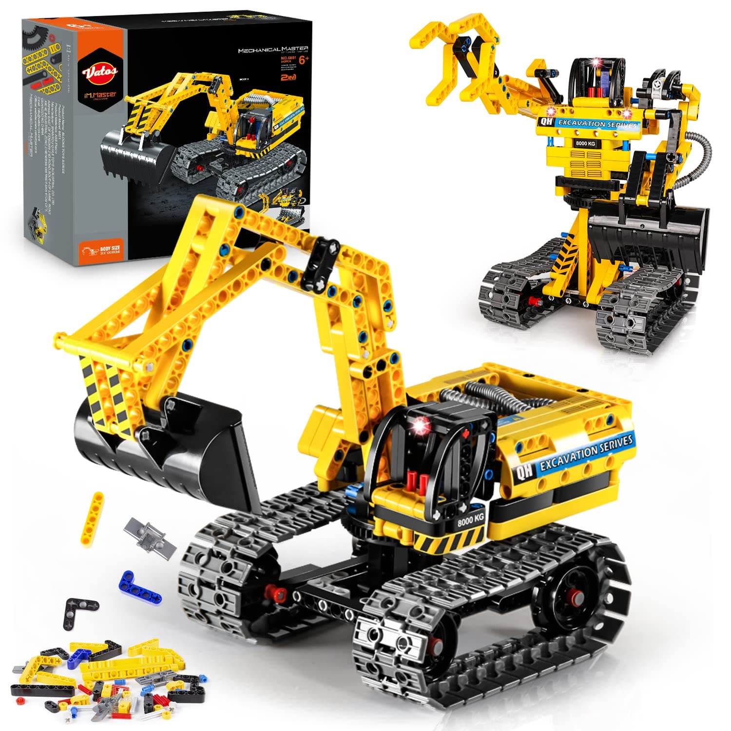 🚜🤖 VATOS Technik Bagger Spielzeug Roboter 2-in-1 | STEM Kran Spielzeug Raupenbagger & Roboter 342 Teile Geschenk