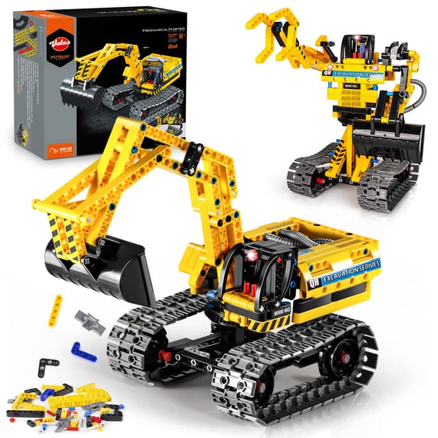 🚜🤖 VATOS Technik Bagger Spielzeug Roboter 2-in-1 | STEM Kran Spielzeug Raupenbagger & Roboter 342 Teile Geschenk