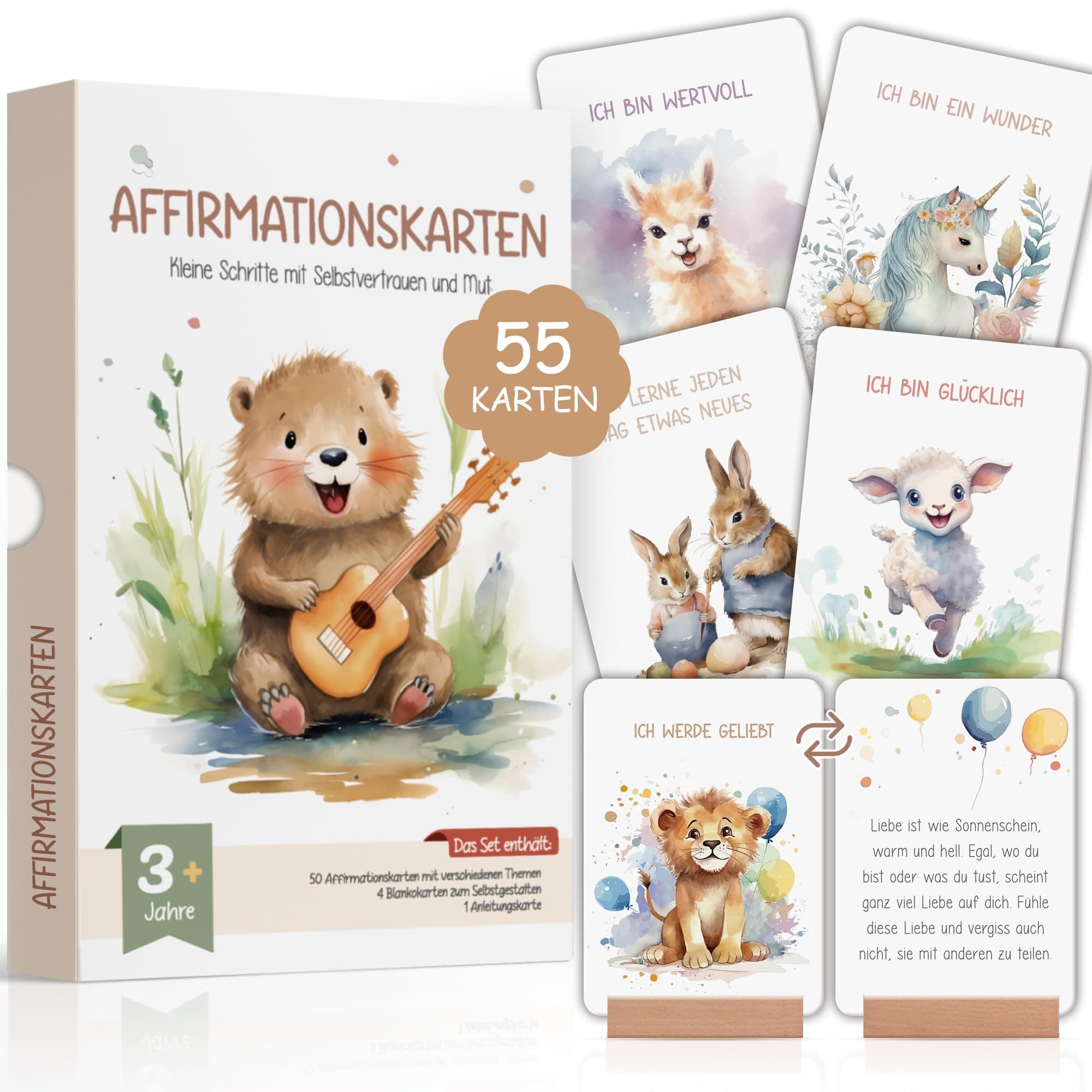 55 Affirmationskarten Kinder mit Holzhalter | Achtsamkeit, Gefühle, Mutmacher, Selbstliebe, Motivation