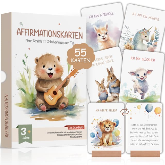 55 Affirmationskarten Kinder mit Holzhalter | Achtsamkeit, Gefühle, Mutmacher, Selbstliebe, Motivation