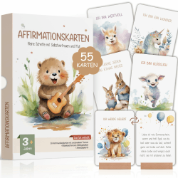 55 Affirmationskarten Kinder mit Holzhalter | Achtsamkeit, Gefühle, Mutmacher, Selbstliebe, Motivation