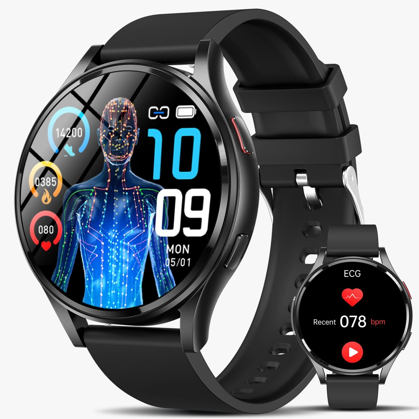 Lgnitek 2025 Smartwatch Herren mit ΒΙυtｚυcker/EKG/BMI/Harnsäure 44mm, Rund 1,43" AMOLED Gesundheitsuhr