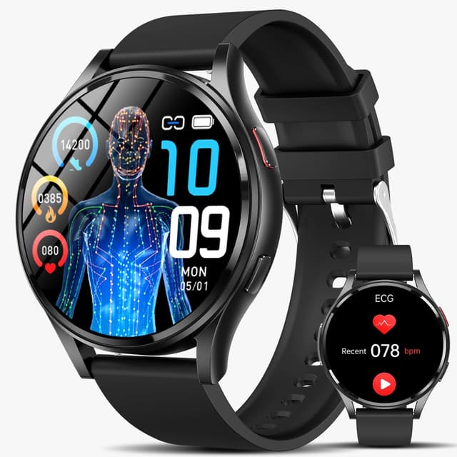 Lgnitek 2025 Smartwatch Herren mit ΒΙυtｚυcker/EKG/BMI/Harnsäure 44mm, Rund 1,43" AMOLED Gesundheitsuhr