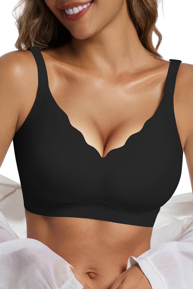 Vtelor Bügelloser BH Damen Ohne Bügel Push up BH Große Brüste Starker Halt Soft Seamless Nahtloser BHS V-Ausschnitt Bequem Tshirt Schlaf Bra Klassische Bustier Gepolstert Bralette Ohne Buegel M Schwarz 🌟