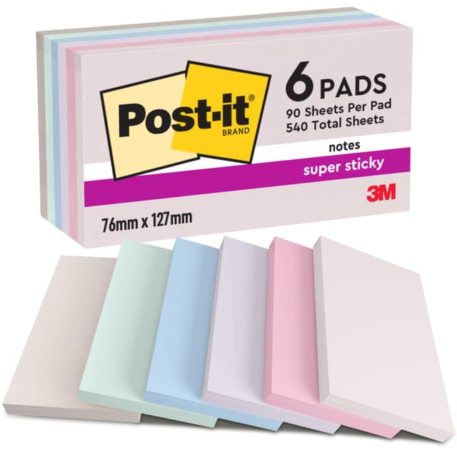 🌈 Post-it Super Sticky Notes, Packung mit 6 Blöcken - 90 Blatt pro Block