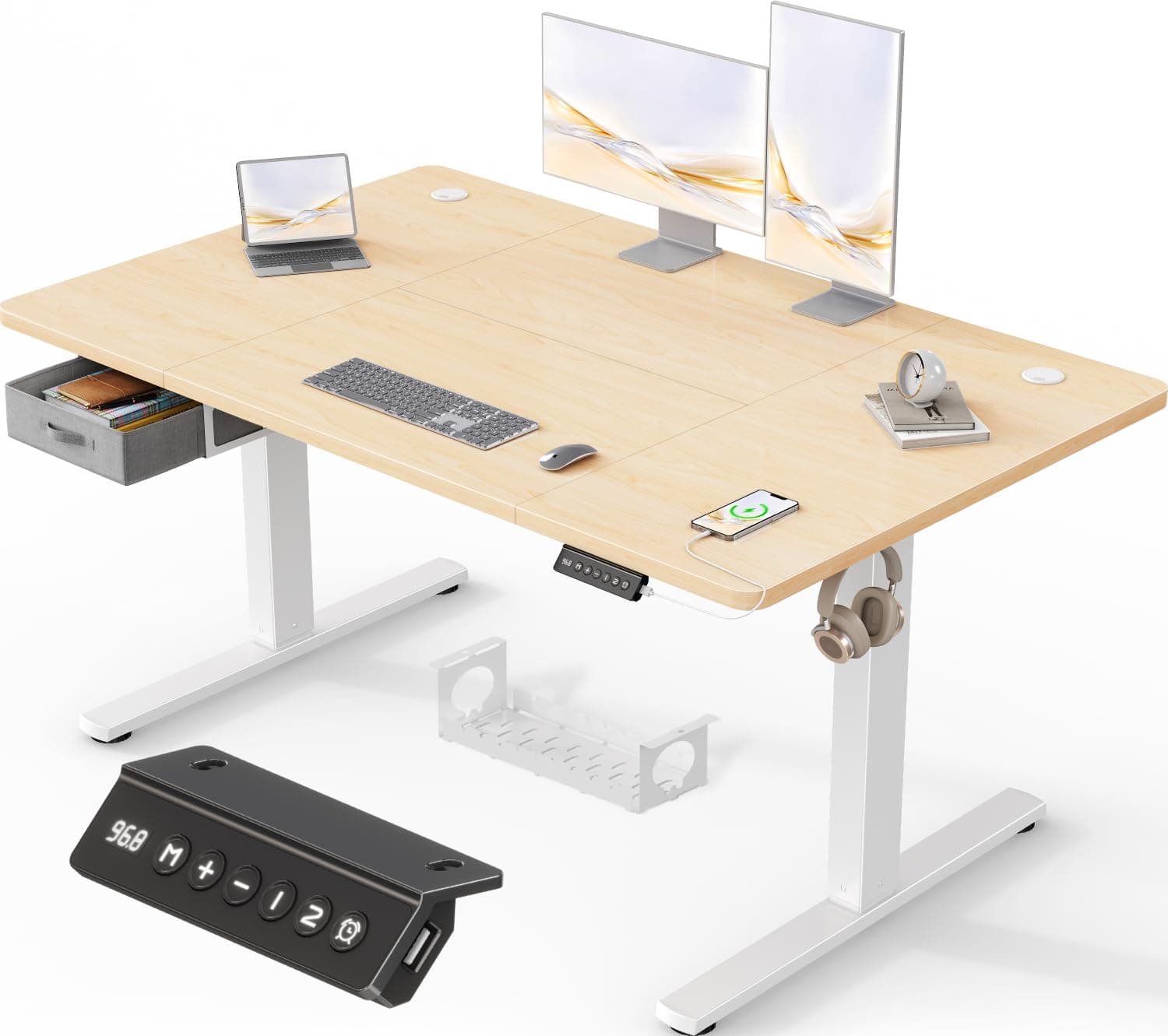 Devoko Höhenverstellbarer Schreibtisch Elektrischer 140x80cm mit Schubladen und USB-Anschluss