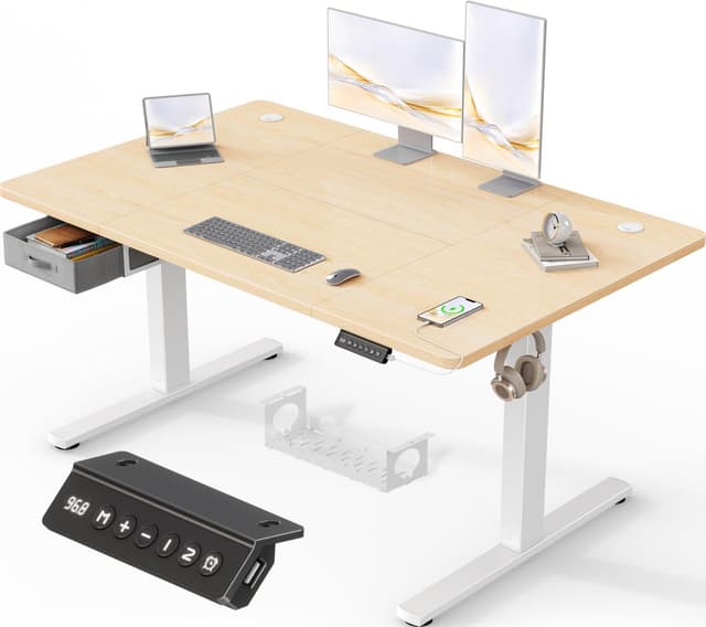 Devoko Höhenverstellbarer Schreibtisch Elektrischer 140x80cm mit Schubladen und USB-Anschluss