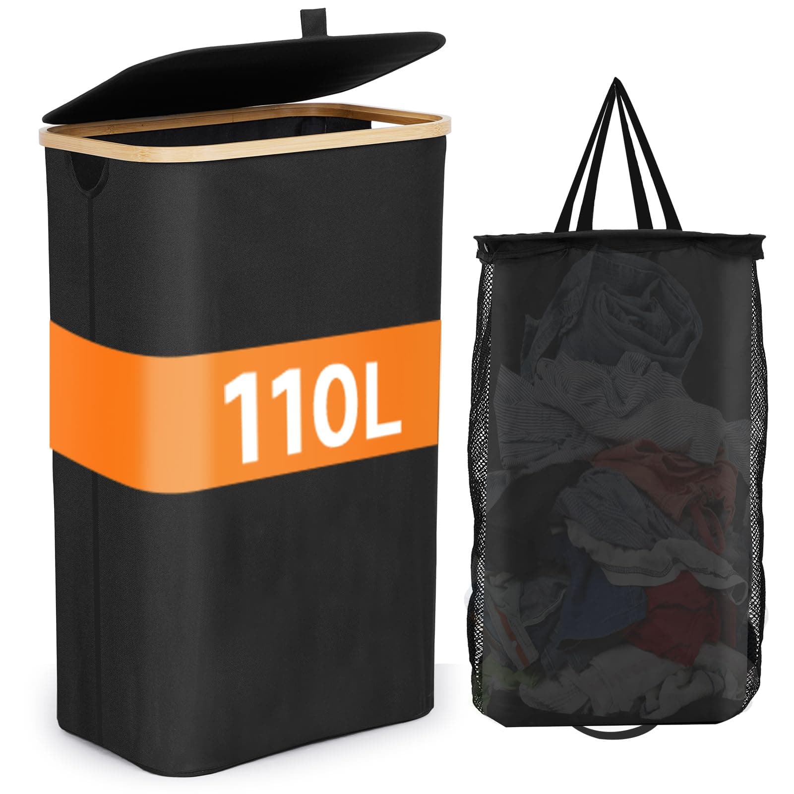 Fulasofia Wäschekorb mit Deckel 110L Schwarz - Pfandflaschen Sammelbehälter 🧺