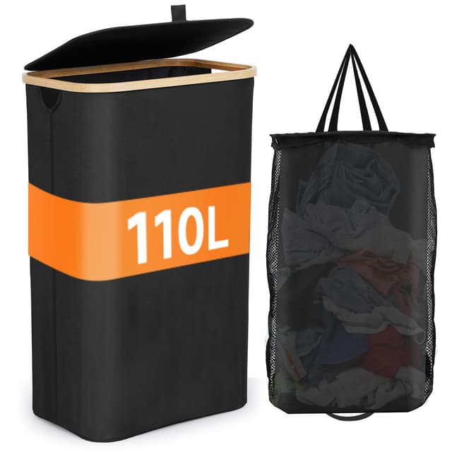 Fulasofia Wäschekorb mit Deckel 110L Schwarz - Pfandflaschen Sammelbehälter 🧺