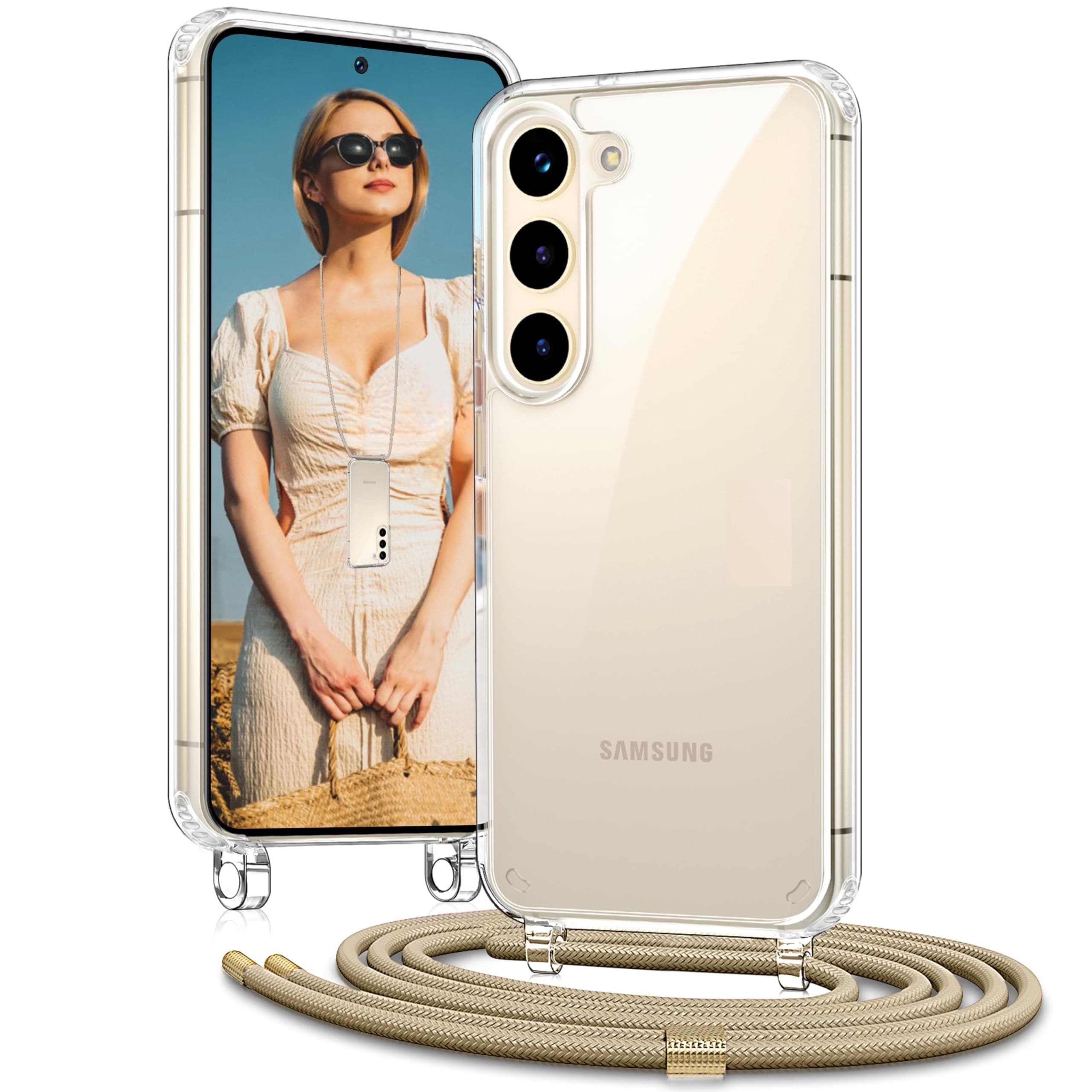Vaykwo Handykette für Samsung Galaxy S25 6,2 Zoll Hülle mit Band - Necklace Handyhülle - Transparente Case - Golden