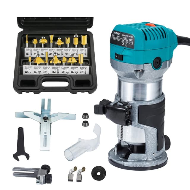 🛠️🔧 Oberfräse Trimmer Einhandfräse Kantenfräse Holz Fräse Multifunktionsfräse 710W + 15-tlg. Hartmetall Fräser 6,35 mm Set - Angebot