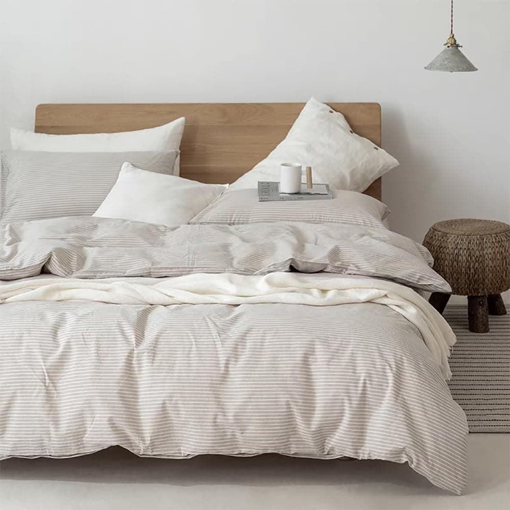 🛌 AShanlan Bettwäsche 200x200 Baumwolle Beige Gestreift 🌿