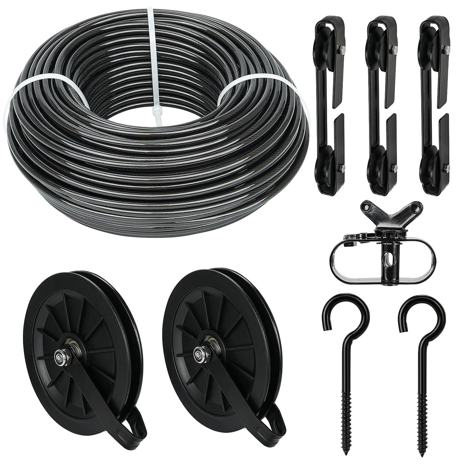🌞 Fshihine 45M Wäscheleine Riemenscheibe Set 🌿 5mm Schwarz PVC Ummantelt Drahtseil