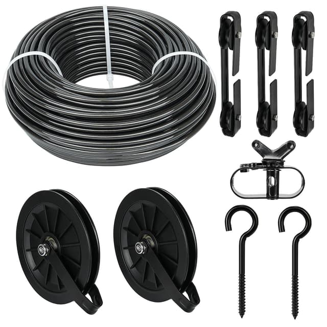 🌞 Fshihine 45M Wäscheleine Riemenscheibe Set 🌿 5mm Schwarz PVC Ummantelt Drahtseil