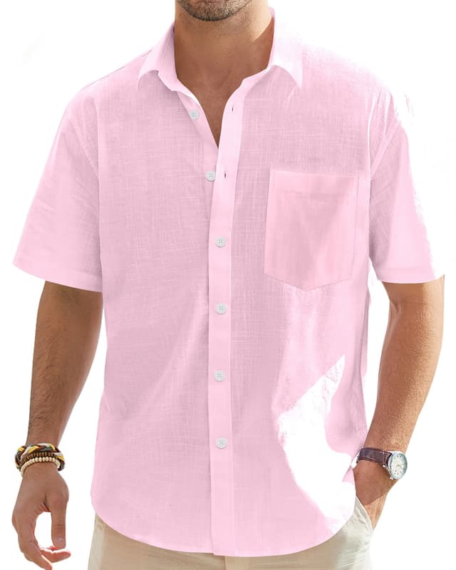 J.VER Leinenhemd Herren Hemd Kurzarm Leinenshirt Freizeithemd Businesshemd Sommer Casual Regular Fit Shirt Rosa 3XL 🌞👔