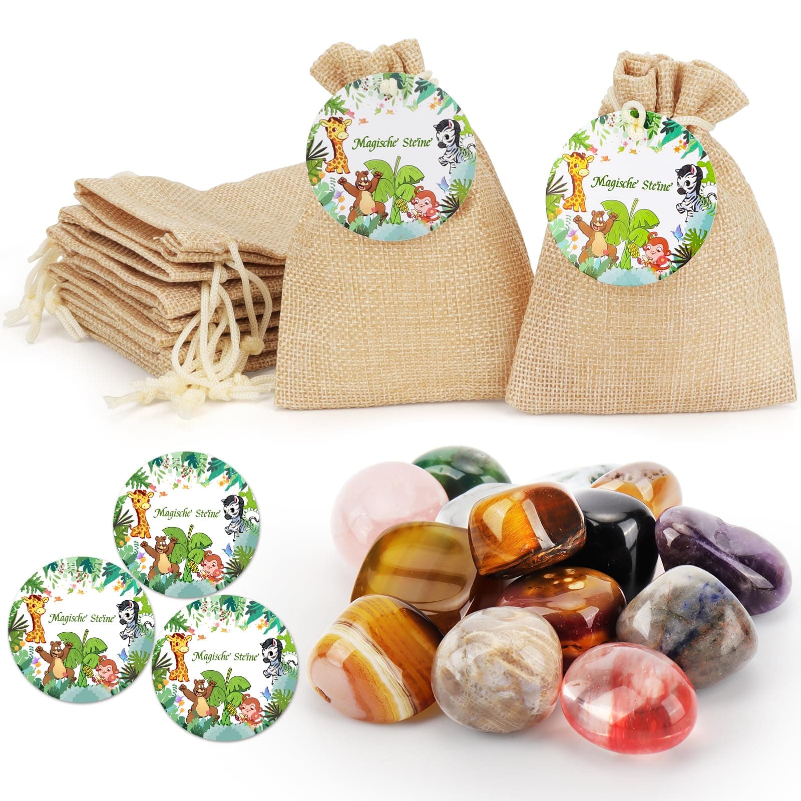 🎁 Coicok 14 Stück Glückssteine für Kinder 🌟 Geschenkset mit Waldtier Etiketten 🐾 Partygeschenke