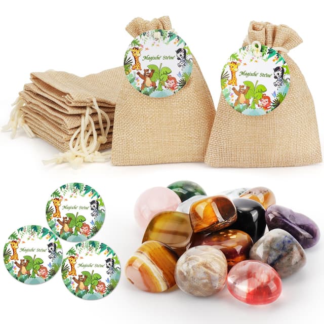 🎁 Coicok 14 Stück Glückssteine für Kinder 🌟 Geschenkset mit Waldtier Etiketten 🐾 Partygeschenke