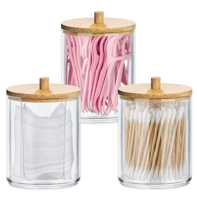 🌟 3er Pack Acryl Wattestäbchen Behälter mit Bambus Deckeln