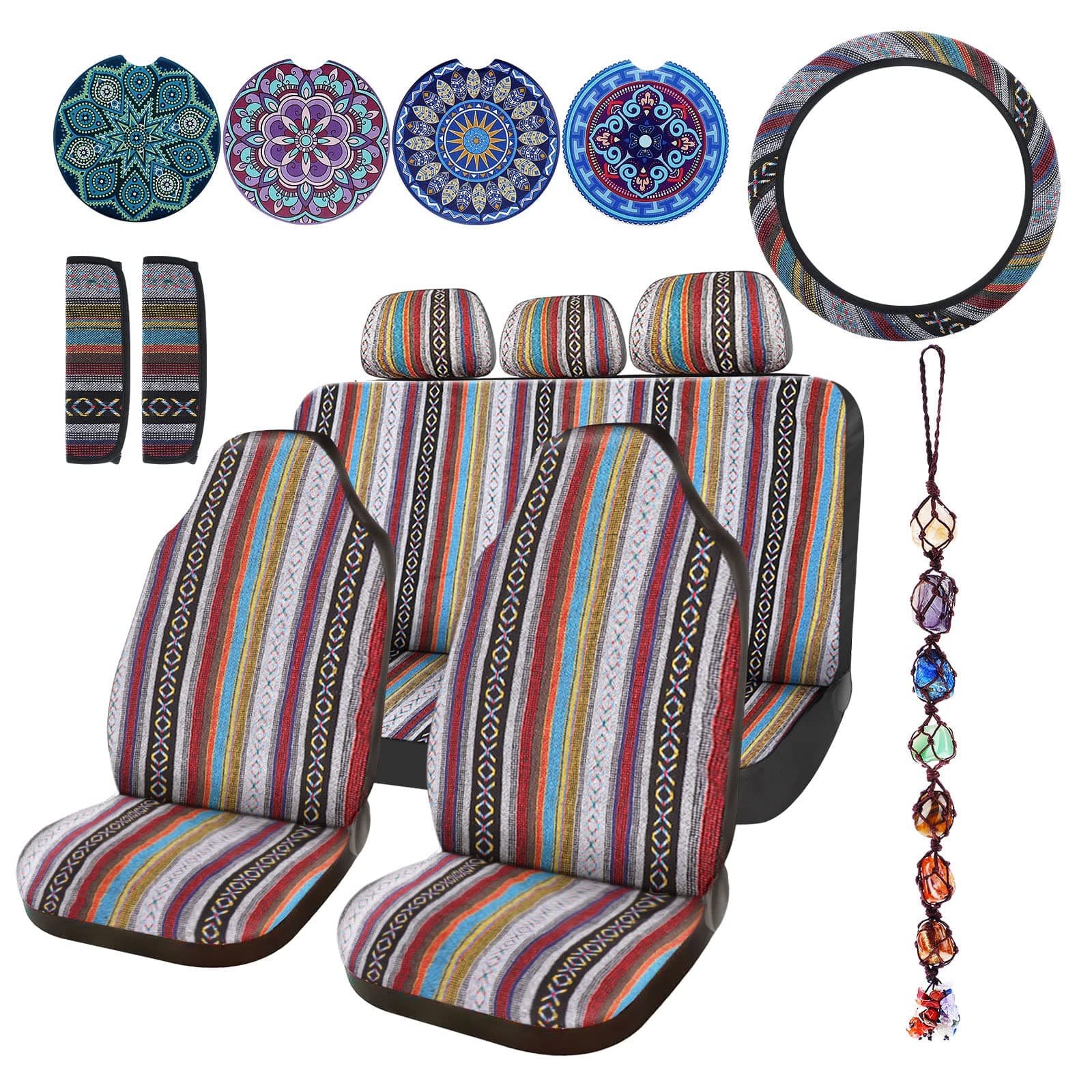 Freunde Baja Autositzbezüge - Komplettes Set mit Boho-Druck und gestreiftem Design