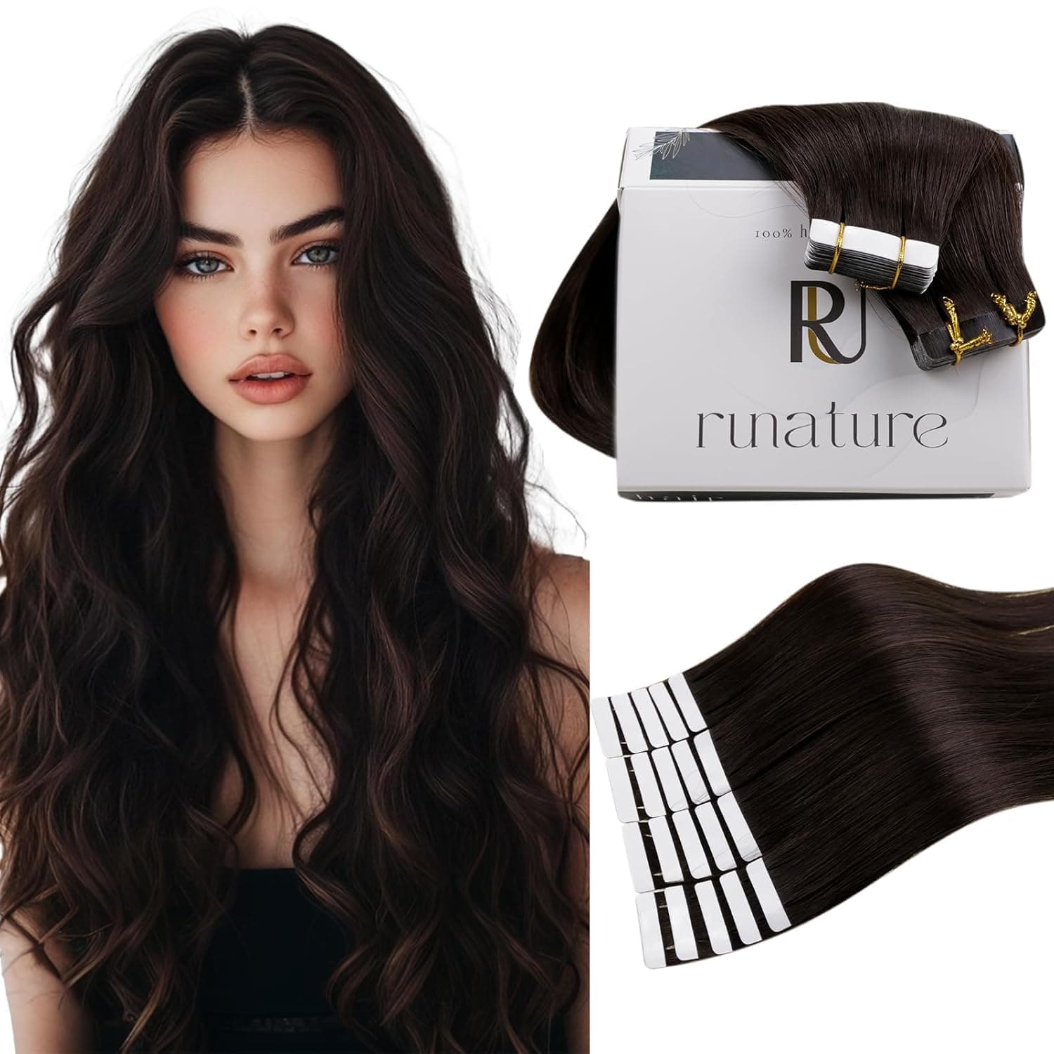 RUNATURE Tape in Extensions Echthaar 45cm Braun Haarverlängerung Tape Extensions Echthaar Dunkelbraun