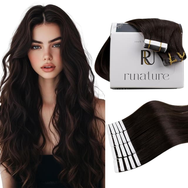 RUNATURE Tape in Extensions Echthaar 45cm Braun Haarverlängerung Tape Extensions Echthaar Dunkelbraun