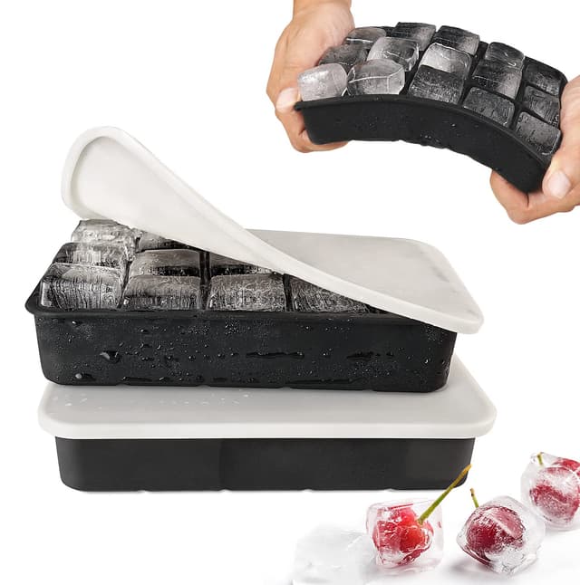 Eiswürfelform Silikon Eiswürfelbehälter mit Deckel 15-Fach 3cm Quadratische Eiswürfel Ice Cube Tray für Whisky, Cocktails Schwarz, 2 Stück 🥝🍈🧊🍧🍸