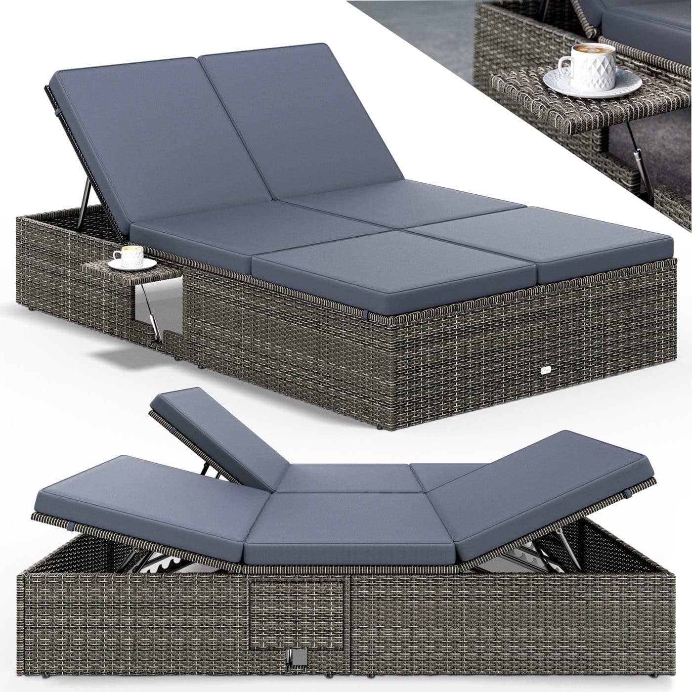Casaria® Sonnenliege 2 Personen mit Klapptisch 7cm Auflagen Wetterfest Gartenliege 400kg Belastbar Gartenmöbel Liegestuhl Verstellbar Grau Anthrazit 200x115cm 🌞🪑