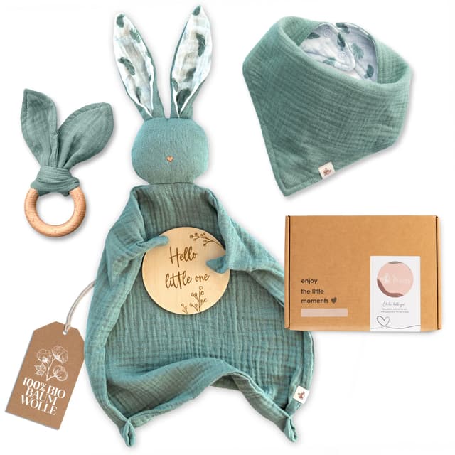 Mikito Baby Geschenk Junge & Mädchen - Geschenkbox mit Schnuffeltuch, Beißring, Lätzchen & Holzschild