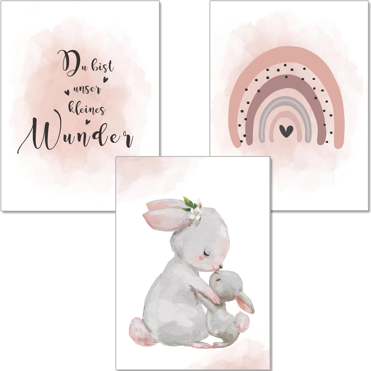 artpin® Poster Kinderzimmer Deko - A4 Bilder Babyzimmer 3er Set Rosa Grau für Mädchen - Regenbogen Hasen (K5) 🌈🐰