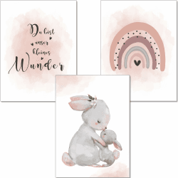 artpin® Poster Kinderzimmer Deko - A4 Bilder Babyzimmer 3er Set Rosa Grau für Mädchen - Regenbogen Hasen (K5) 🌈🐰