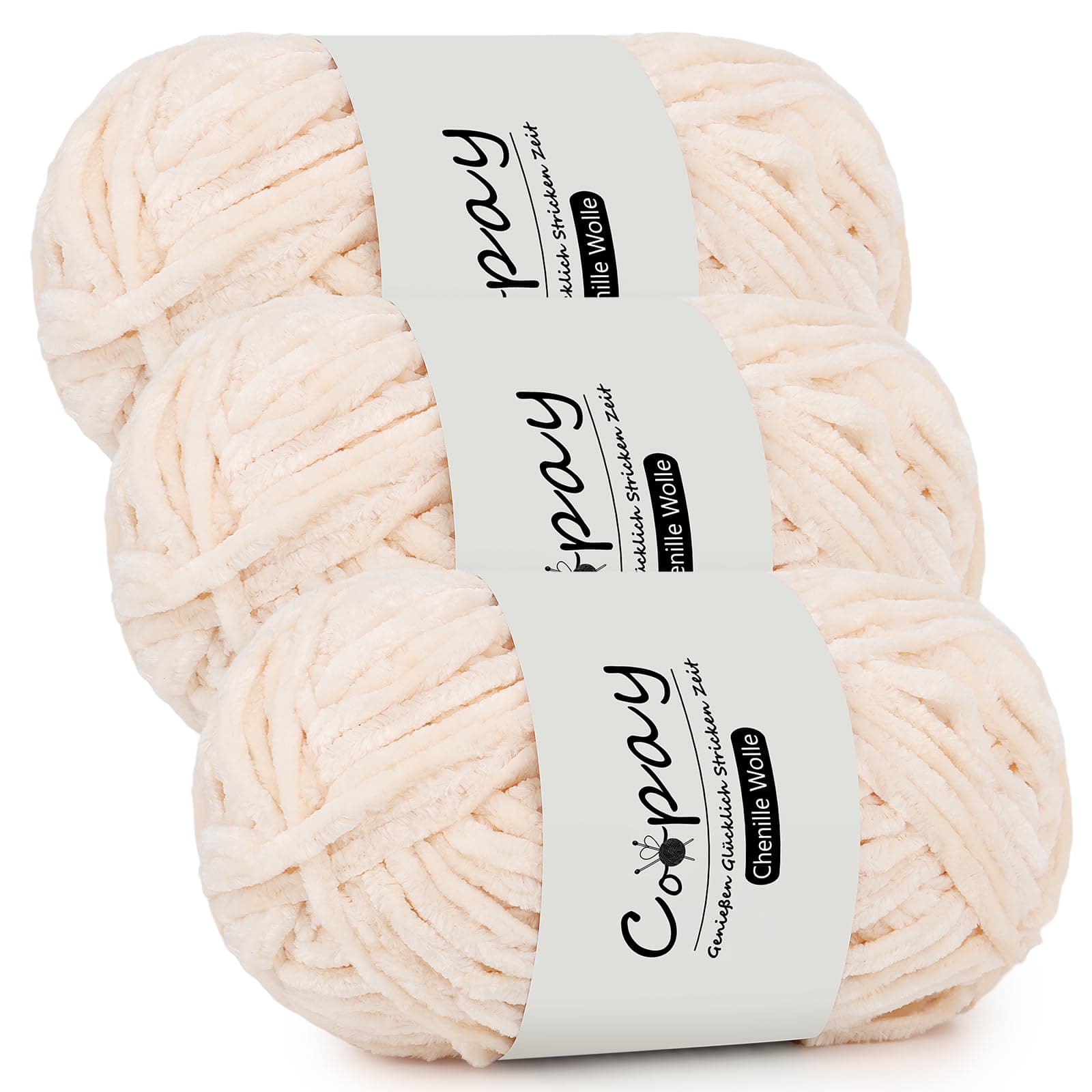 Coopay Chenille Wolle zum Häkeln, 3x100g Samtig Chenillegarn, Dicke Flauschige Weich Chenille Garn, Chenille Wolle, Weicher Plüschwolle Häkelgarn für Decken, Schals - Weiß Rosa 🧶