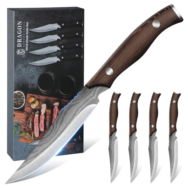 🔪🎁 Dragon Creek Holzgriff Steakmesser Set - 4-teilig Edelstahl