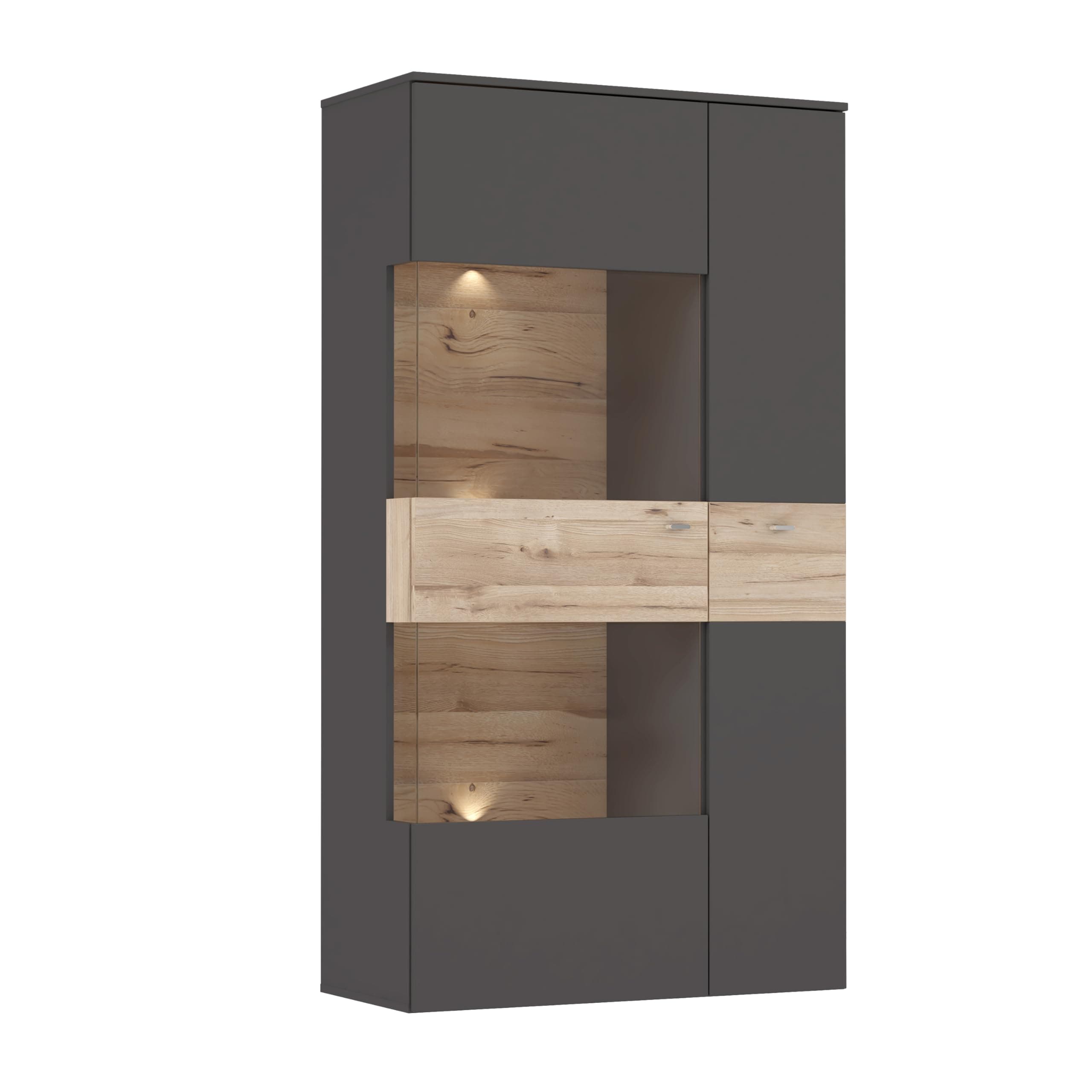 Moderne Vitrine mit 2 Türen - Uni Wolfram Grau/Stabeiche Holzdekor 🏡