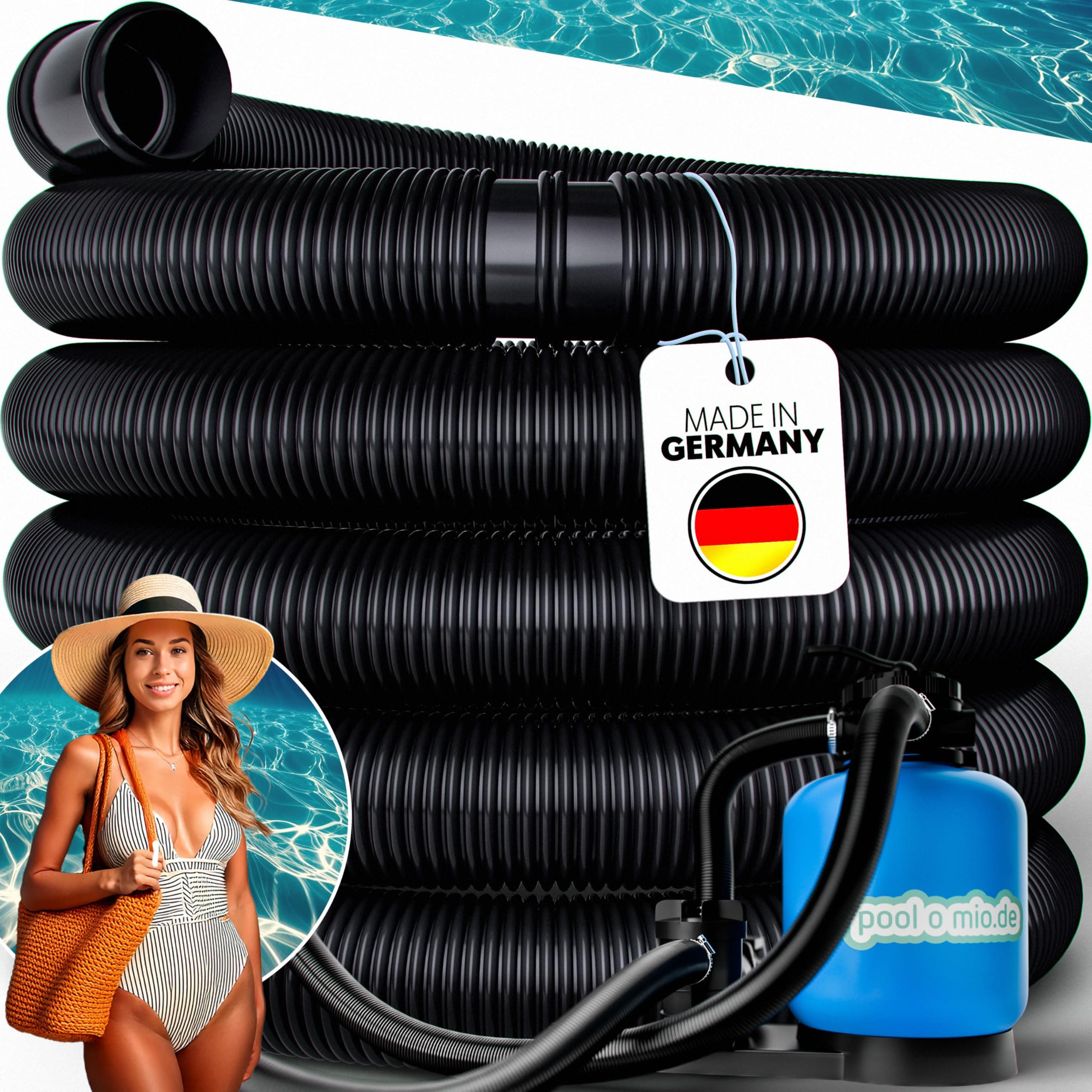 poolomio® Poolschlauch 32mm / 15m Schwarz | Flexibler Solarschlauch für Poolpumpe