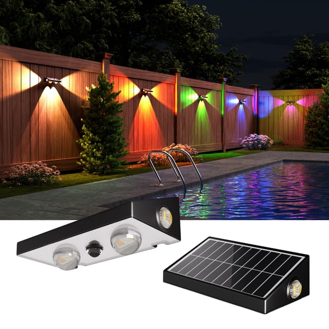 JACKYLED Solar Wandleuchte Aussen – 3-Wege RGBCW Linsen-LED | Solarlampen Für Außen, 10 Modi, 50LM, Dämmerung bis Morgengrauen Auto EIN/AUS, IP65 Wasserdicht, für Wand, Garten & Hinterhof, 2 Stück