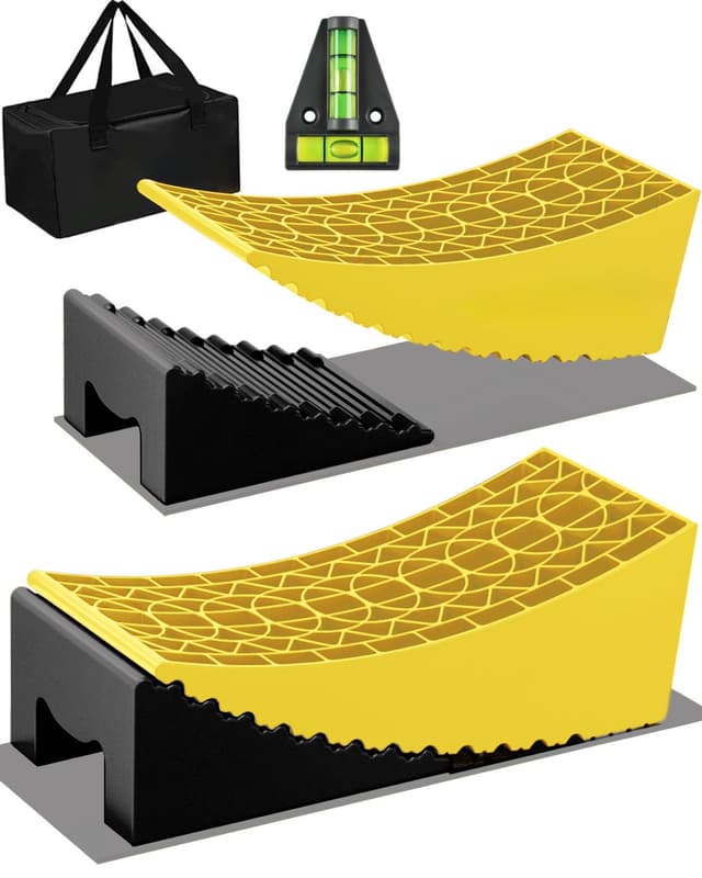 Auffahrkeile für Wohnmobil-Set 🚐🛠️ | Unterlegkeile für Anhänger | Anti-Rutsch-Matten | Wasserwaage - Gelb