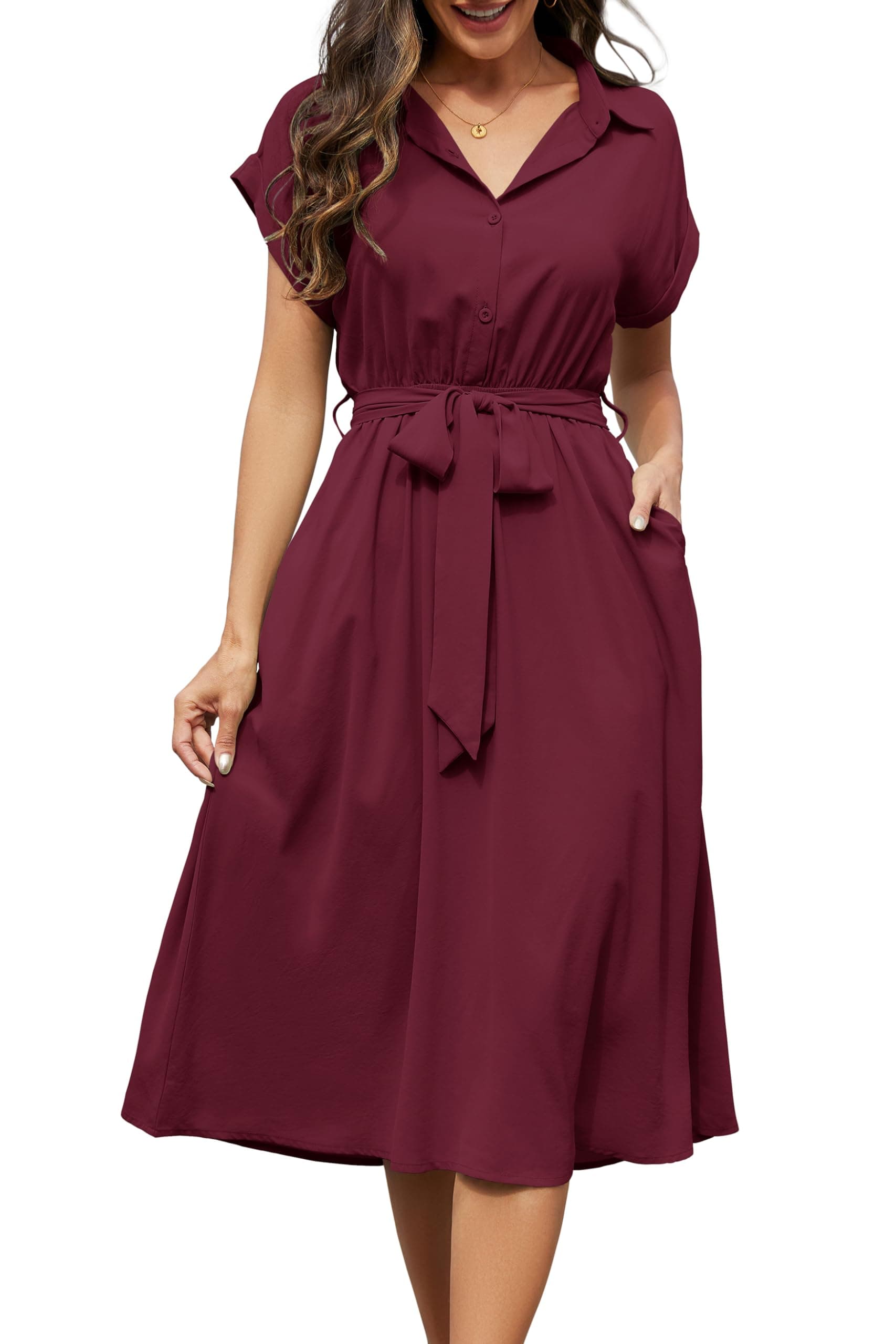 👗🌞 Cassiecy Sommerkleid Damen Knielang Kurzarm Blusenkleid Elegant V-Ausschnitt Midikleid Casual Wickelkleid Strandkleid mit Taschen XL Weinrot 🛍️
