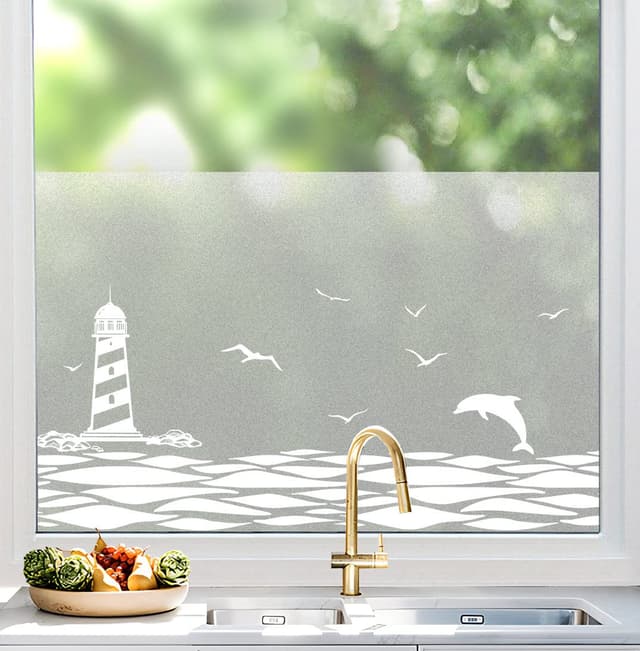 🪟 dktie Fensterfolie Blickdicht Sichtschutzfolie Fenster Milchglasfolie Muster des Meeres Statische Aufkleber 44.5x200cm