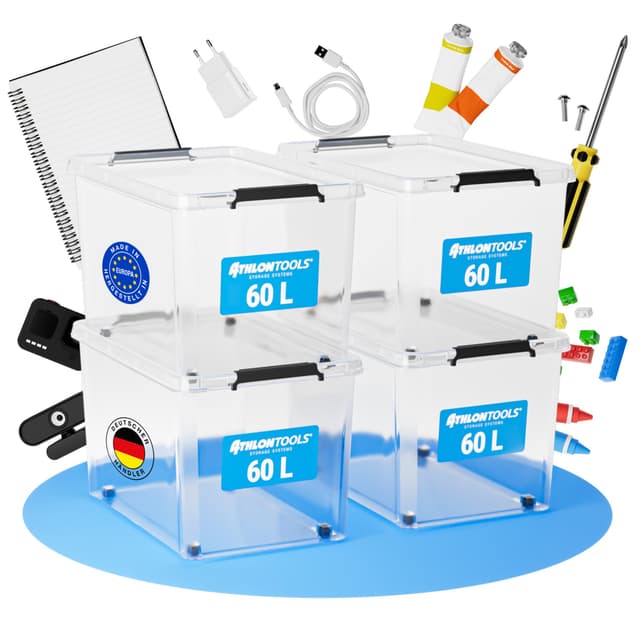 Angebot: ATHLON TOOLS 4x 60 L Aufbewahrungsboxen mit Deckel 📦