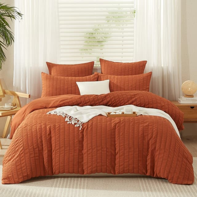 Gezu Seersucker Bettwäsche 135x200cm 2teilig Orange Gelb Wendebettwäsche Streifen Geprägt Streifen Bettwaren-Set Gebürstet Komfortabler Weiche Bettbezug