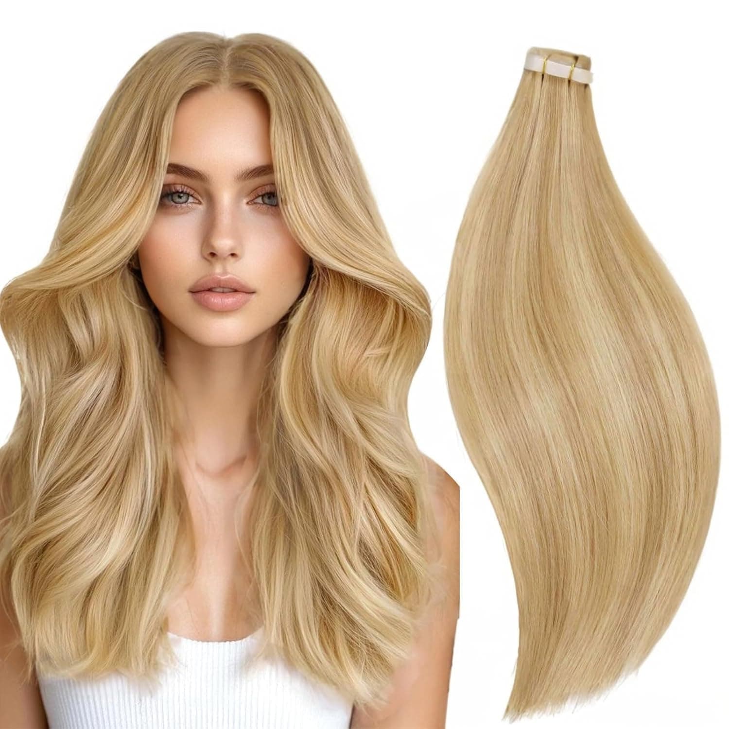 RUNATURE Tape Extensions Echthaar Blond Highlights 55cm Tape in Extensions Echthaar Goldblond Mit Hellblond Menschliches Haar