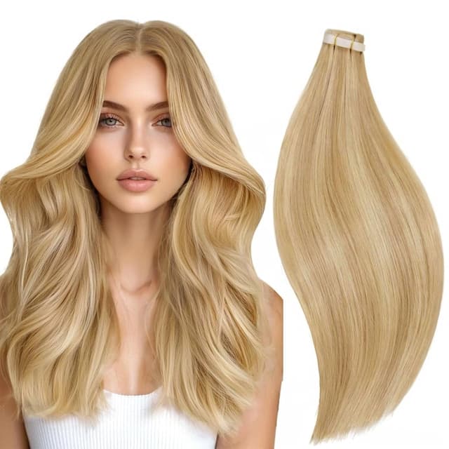 RUNATURE Tape Extensions Echthaar Blond Highlights 55cm Tape in Extensions Echthaar Goldblond Mit Hellblond Menschliches Haar