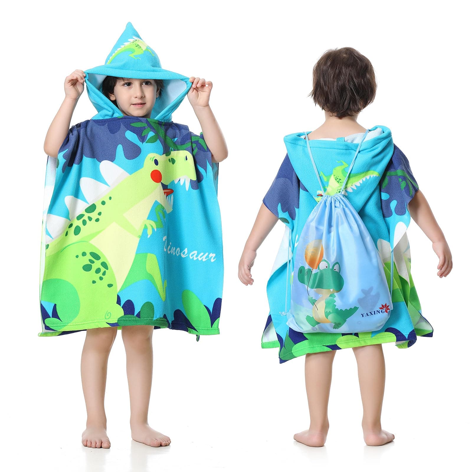MOKANI Badeponcho Kinder mit Kapuze, Mikrofaser Handtuch Poncho mit Kordelzugbeutel 🦖