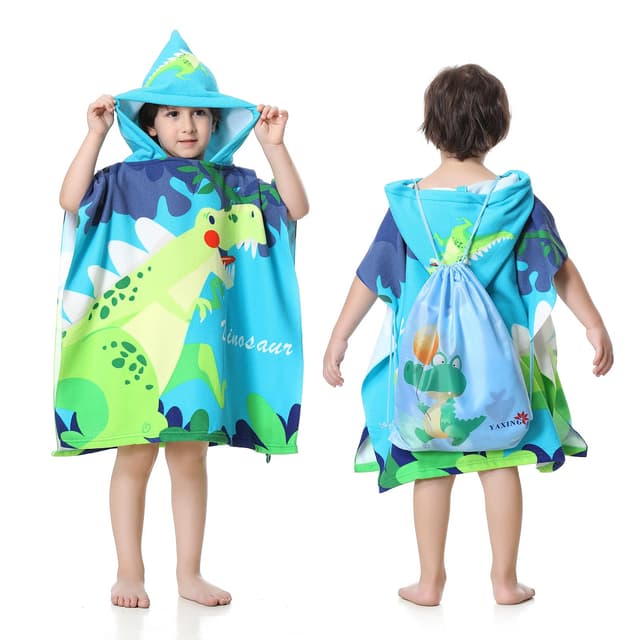 MOKANI Badeponcho Kinder mit Kapuze, Mikrofaser Handtuch Poncho mit Kordelzugbeutel 🦖
