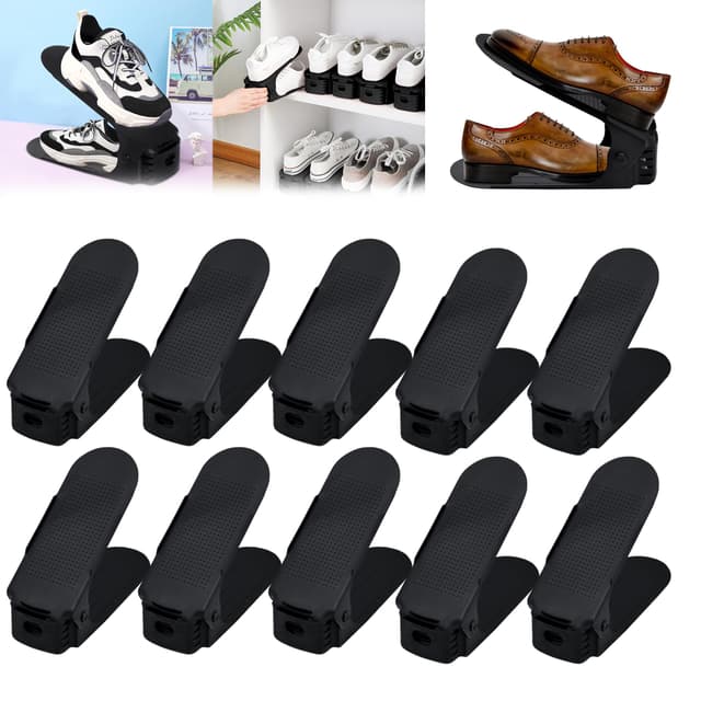 Suusolny 10 Stück Verstellbarer Schuhregal 🌿👠🏠 Rutschfest 3 Höhenverstellbar Schuhorganizer - Schwarz