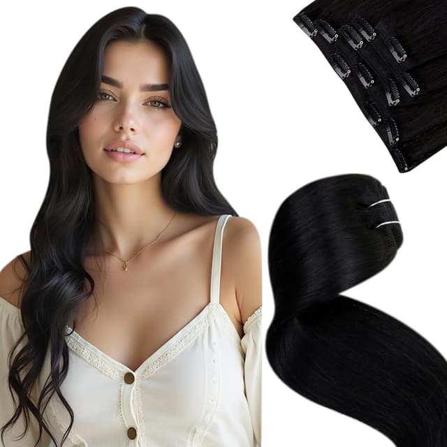LaaVoo Clip in Extensions Echthaar Schwarz 🌟 Invisible Clip in Haarverlängerung 🌺 Echthaar Human Hair 35cm 🌸 Echthaar Extensions Clip in Remy Haar Schwarz 5Stück 70g #1 35cm-70g 1.1#1