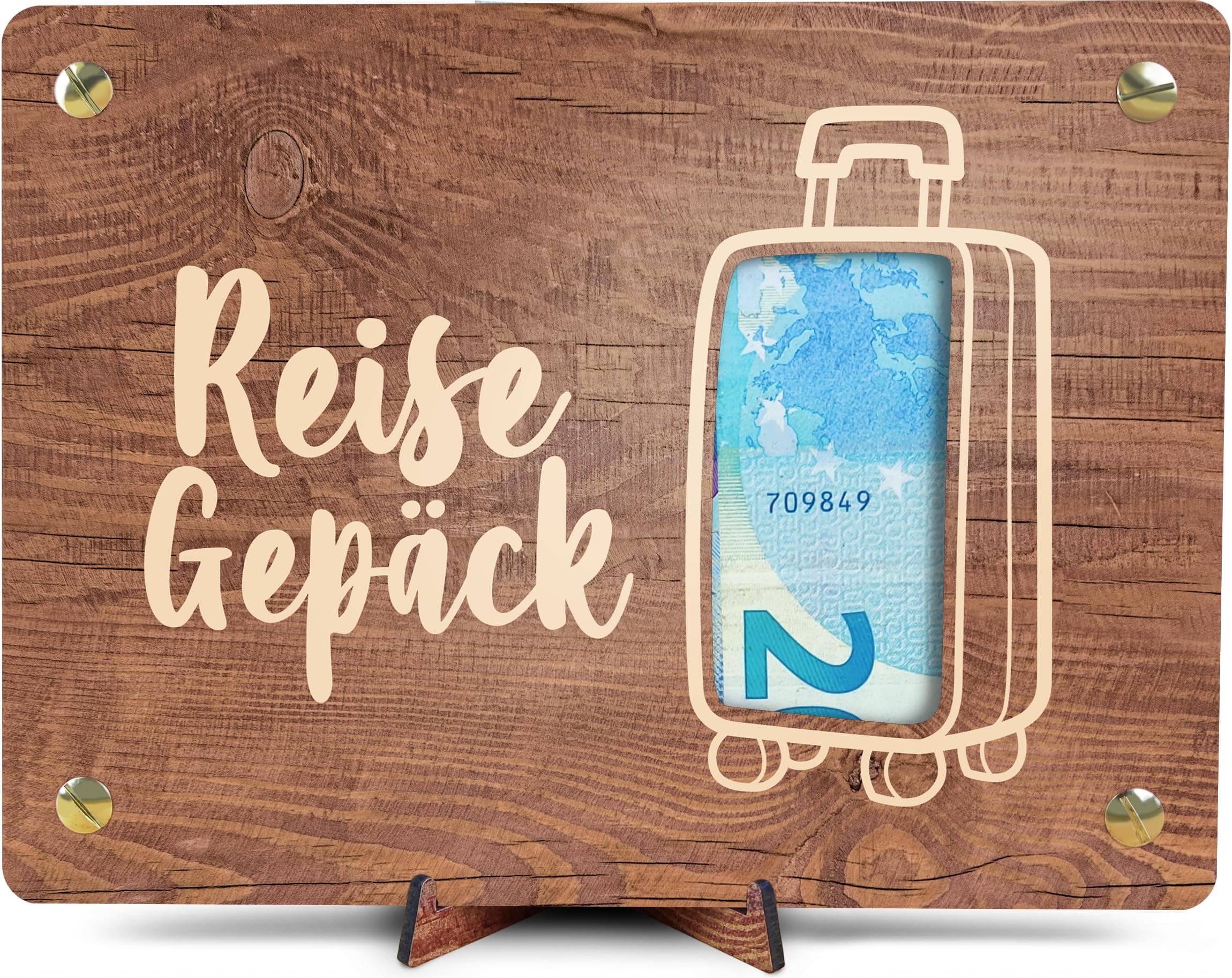 Reisegutschein - XL Geldgeschenk aus Holz inkl. Ständer | Reisegepäck - Glückwunschkarte Geburtstagskarte
