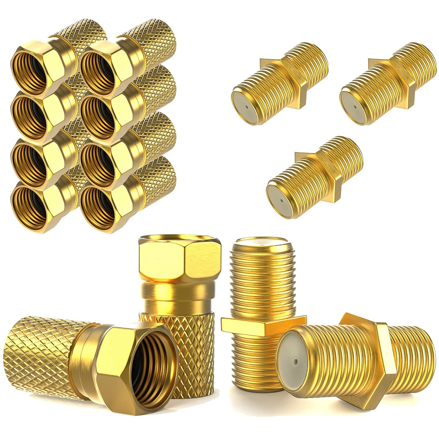 F-Stecker 7mm 10x + F-Verbinder 5X vergoldet | Gummidichtung | breite Mutter schraubbar