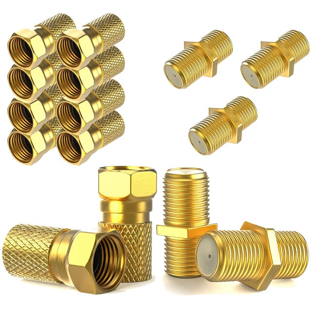 F-Stecker 7mm 10x + F-Verbinder 5X vergoldet | Gummidichtung | breite Mutter schraubbar